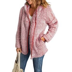 Sidefeel Women Open Front Hooded Cardigan Fleece Pocket Coat Red Size L